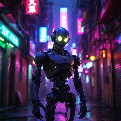 The primary subject of the image is a robot standing on a rain-soaked street. The robot is the main focus of the scene, and it appears to be a futuristic, mechanical being. The setting is a city street with buildings in the background, and the visual style is a combination of photo and digital art. The colors and mood of the image are dark and moody, with the rain and the robot's presence creating a sense of mystery and intrigue.